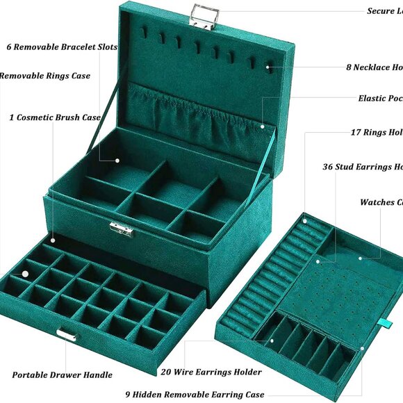 Jewelry Boxes for Women Green Velvet Jewelry Organizer with Lock,Teen Jewelry Or - Picture 8 of 9